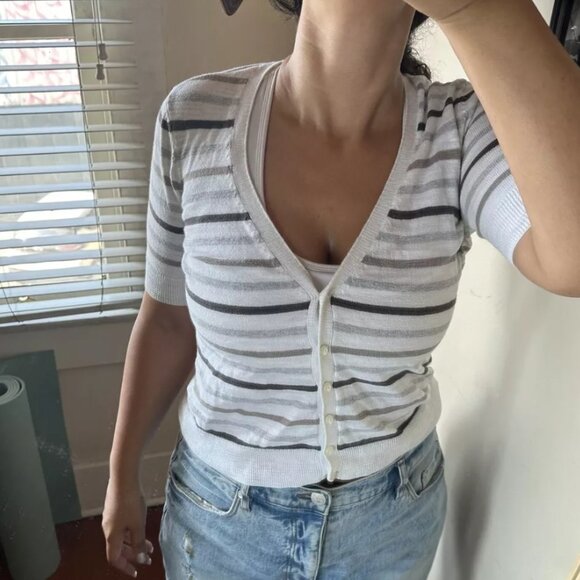 Caslon Striped Button Up V-Neck 100% White Cotton Knit Tee rn58665 - Picture 3 of 9